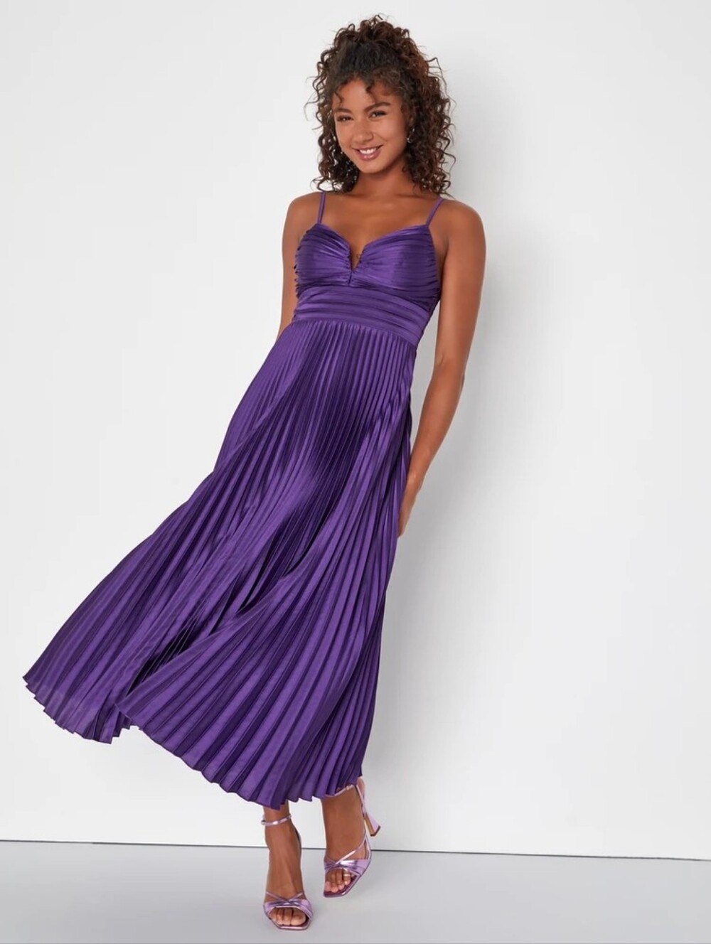 Lulu's Violet Pleated Midi Dress with Spaghetti Straps